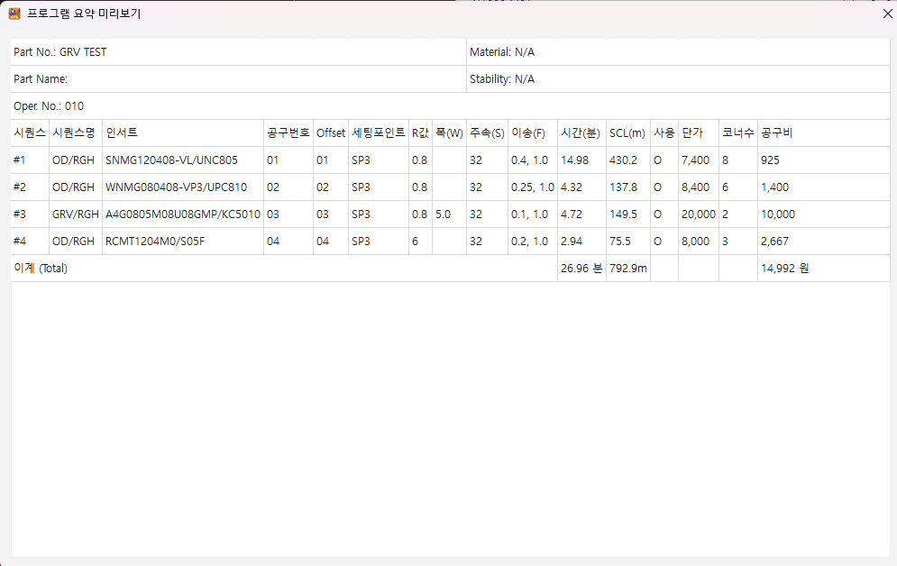 Program Summary - Tool Cost Calculation